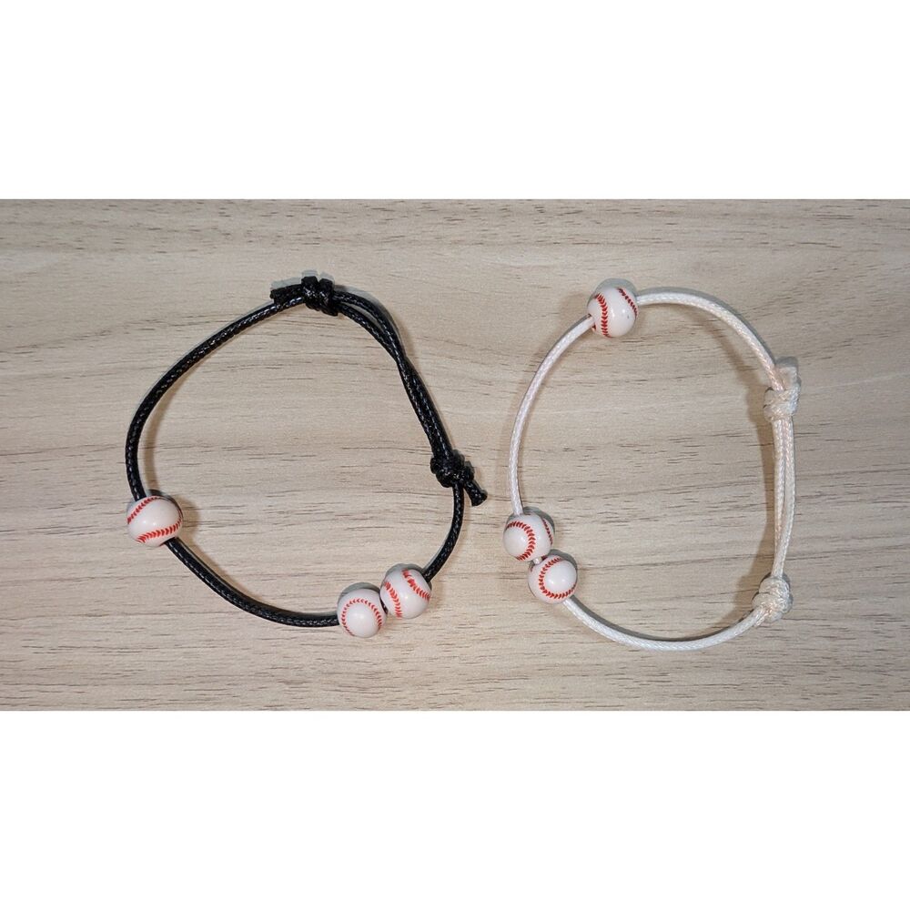 Baseball Bracelets Set Adjustable Cord Sports Jewelry Black White Pair